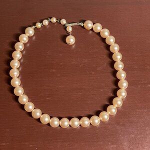 Vintage Faux Pearl Choker Necklace Pink Champagne Beads 15" Hook Clasp